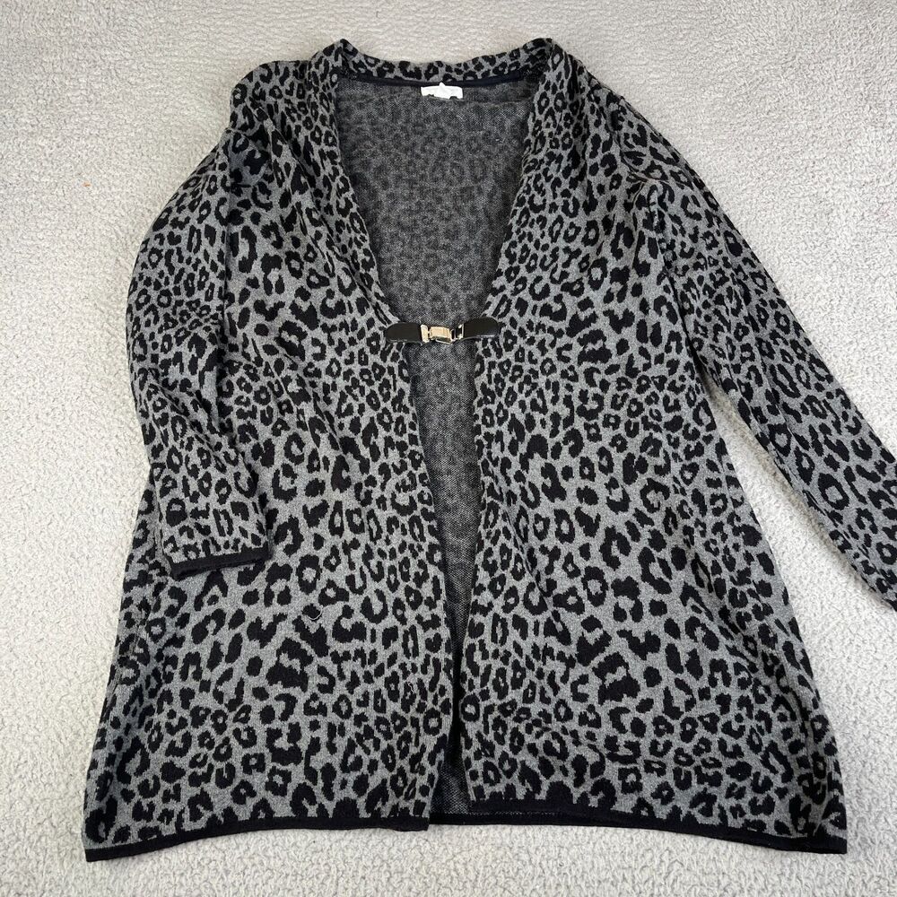 CHARTER CLUB Cardigan Sweater 1X‎ Black Gray Leopard Open Front Ribbed Knit Plus